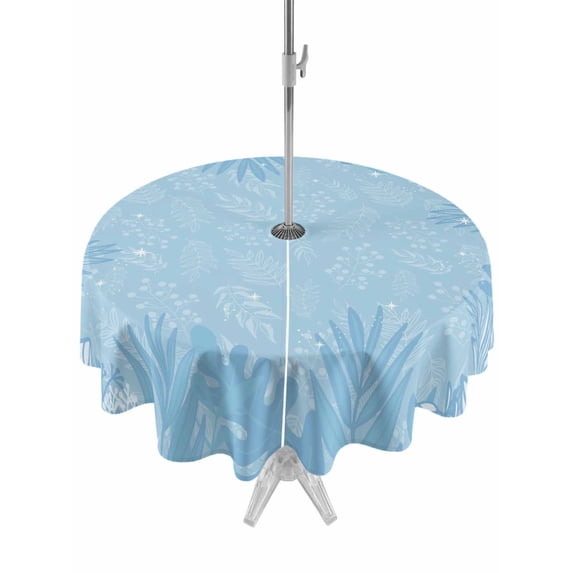 Outdoor Tablecloths with Umbrella Hole & Zipper, Blue Leaves Round Tablecloths 60 Inch, Summer Botanical Pastoral Waterproof Table Cloth, Patio/Pool/Picnic Table Covers