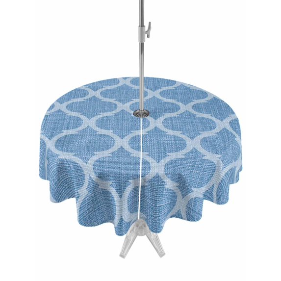 Outdoor Tablecloths with Umbrella Hole & Zipper, Blue Morocco Round Tablecloth 54 Inch, Moroccan Abstract Geometric Quatrefoil Plaid Waterproof Table Cloth, Patio/Pool/Picnic Table Covers