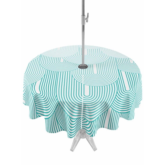Outdoor Tablecloths with Umbrella Hole & Zipper, Blue Ombre Round Tablecloth 54 Inch, Farmhouse Stripes Modern Abstract Art Waterproof Table Cloth, Patio/Pool/Picnic Table Covers