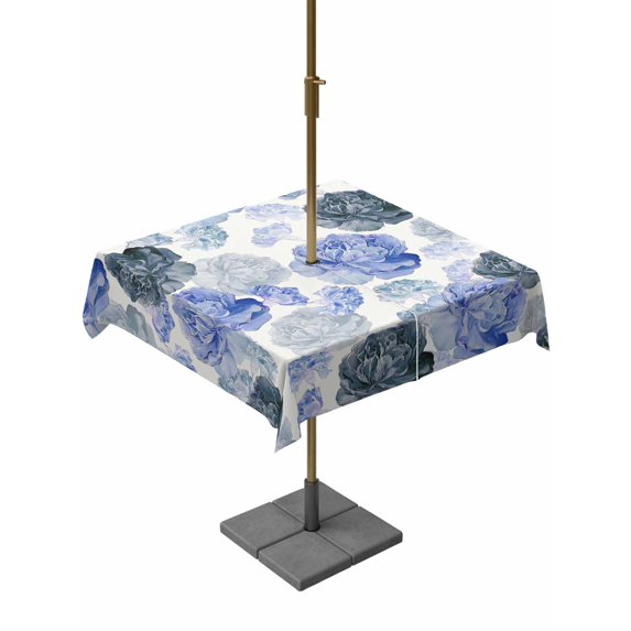 Outdoor Tablecloths with Umbrella Hole & Zipper, Blue Ombre Spring Floral 54x54 Inch Square Tablecloths, Summer Botanical Flowers Waterproof Table Cloth, Patio/Pool/Picnic Table Covers