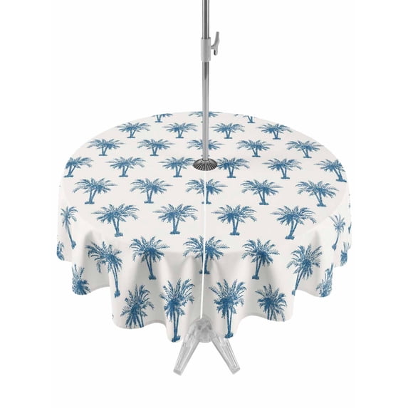 Outdoor Tablecloths with Umbrella Hole & Zipper, Blue Palm Trees Round Tablecloth 54 Inch, Summer Botanical Tropical Plants Waterproof Table Cloth, Patio/Pool/Picnic Table Covers