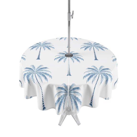 Outdoor Tablecloths with Umbrella Hole & Zipper, Blue Palm Trees Round Tablecloth 54 Inch, Tropical Summer Beach Botanical Waterproof Table Cloth, Patio/Pool/Picnic Table Covers