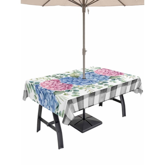 Outdoor Tablecloths with Umbrella Hole & Zipper, Blue Pink Hydrangea Rectangle Tablecloth 52x70 Inch, Eucalyptus Leaves Summer Botanical Plaid Waterproof Table Cloth, Patio/Pool/Picnic Table Covers