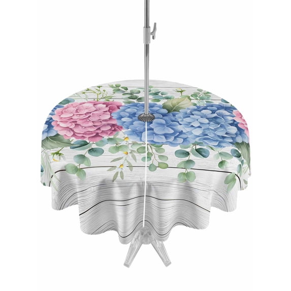 Outdoor Tablecloths with Umbrella Hole & Zipper, Blue Pink Hydrangea Round Tablecloth 54 Inch, Eucalyptus Leaves Wooden Summer Botanical Waterproof Table Cloth, Patio/Pool/Picnic Table Covers