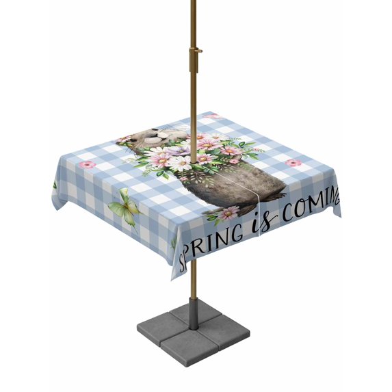 Outdoor Tablecloths with Umbrella Hole & Zipper, Blue Plaid Groundhog 54x54 Inch Square Tablecloths, Spring Floral Butterfly Botanical Waterproof Table Cloth, Patio/Pool/Picnic Table Covers