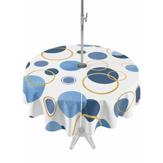 Outdoor Tablecloths with Umbrella Hole & Zipper, Blue Polka Dots Round Tablecloth 54 Inch, Modern Abstract Art Waterproof Table Cloth, Patio/Pool/Picnic Table Covers