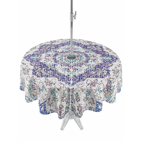 Outdoor Tablecloths with Umbrella Hole & Zipper, Blue Purple Boho Round Tablecloths 60 Inch, Vintage Abstract Art Floral Ethnic Tribe Waterproof Table Cloth, Patio/Pool/Picnic Table Covers