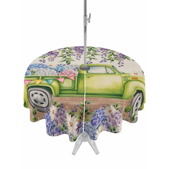 Outdoor Tablecloths with Umbrella Hole & Zipper, Blue Purple Floral Round Tablecloth 54 Inch, Spring Vintage Hydrangea Flower Truck Waterproof Table Cloth, Patio/Pool/Picnic Table Covers