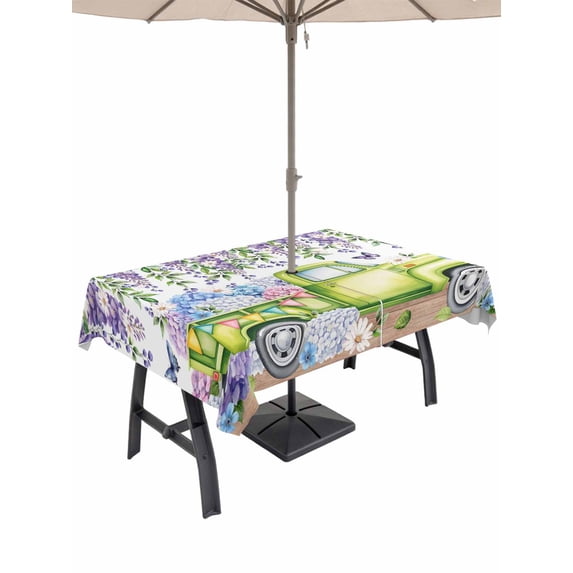 Outdoor Tablecloths with Umbrella Hole & Zipper, Blue Purple Floral Tablecloth Rectangle 60x84 Inch, Spring Country Hydrangea Flower Truck Waterproof Table Cloth, Patio/Pool/Picnic Table Covers