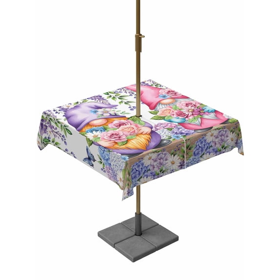 Outdoor Tablecloths with Umbrella Hole & Zipper, Blue Purple Gnomes 54x54 Inch Square Tablecloths, Spring Country Hydrangea Flower Leaf Waterproof Table Cloth, Patio/Pool/Picnic Table Covers