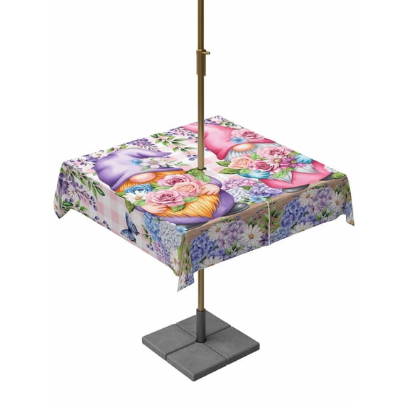 Outdoor Tablecloths with Umbrella Hole & Zipper, Blue Purple Gnomes 54x54 Inch Square Tablecloths, Spring Hydrangea Flower Leaf Pink Plaid Waterproof Table Cloth, Patio/Pool/Picnic Table Covers