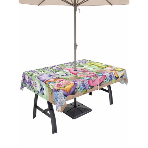 Outdoor Tablecloths with Umbrella Hole & Zipper, Blue Purple Gnomes Tablecloth Rectangle 60x84 Inch, Spring Hydrangea Flower Leaf Green Plaid Waterproof Table Cloth, Patio/Pool/Picnic Table Covers