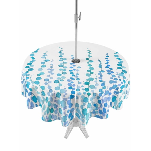 Outdoor Tablecloths with Umbrella Hole & Zipper, Blue Round Tablecloth 54 Inch, Polka Dots Watercolor Abstract Art Waterproof Table Cloth, Patio/Pool/Picnic Table Covers