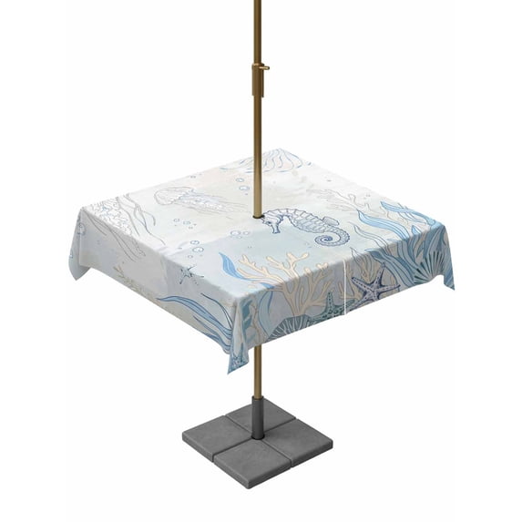 Outdoor Tablecloths with Umbrella Hole & Zipper, Blue Seahorse Coastal 54x54 Inch Square Tablecloths, Summer Beach Nautical Ocean Coral Waterproof Table Cloth, Patio/Pool/Picnic Table Covers