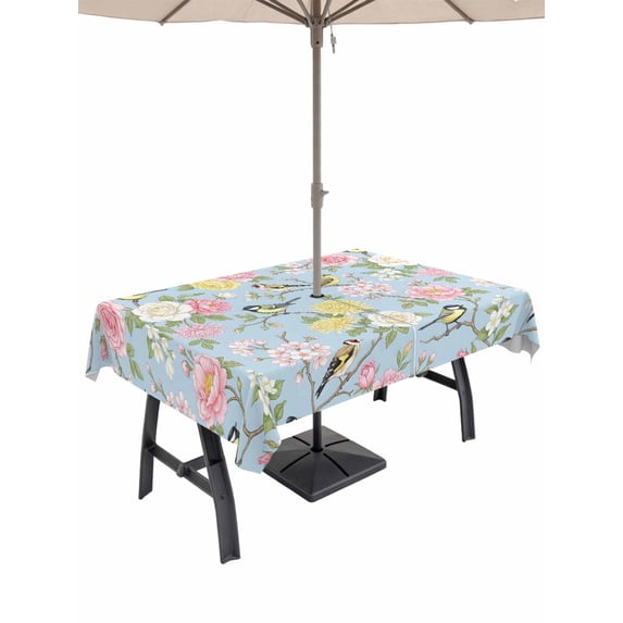 Outdoor Tablecloths with Umbrella Hole & Zipper, Blue Spring Floral Rectangle Tablecloth 60x120 Inch, Elegant Farmhouse Flowers Birds Watercolor Waterproof Table Cloth, Patio/Pool Table Covers
