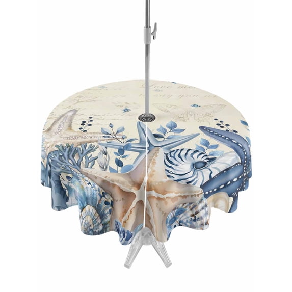 Outdoor Tablecloths with Umbrella Hole & Zipper, Blue Starfish Coastal Round Tablecloth 54 Inch, Eucalyptus Summer Nautical Shell Retro Waterproof Table Cloth, Patio/Pool/Picnic Table Covers