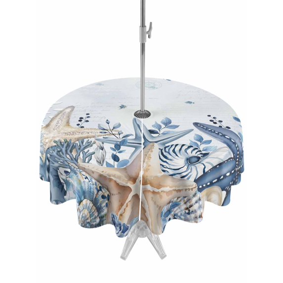 Outdoor Tablecloths with Umbrella Hole & Zipper, Blue Starfish Coastal Round Tablecloth 54 Inch, Eucalyptus Summer Nautical Shell Waterproof Table Cloth, Patio/Pool/Picnic Table Covers