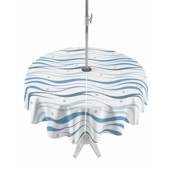 Outdoor Tablecloths with Umbrella Hole & Zipper, Blue Stripes Round Tablecloth 54 Inch, Modern Gradient Abstract Ocean Waves Lines Waterproof Table Cloth, Patio/Pool/Picnic Table Covers
