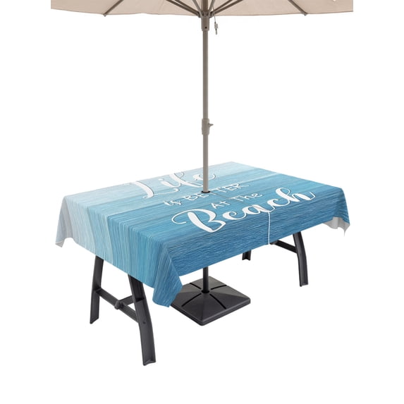 Outdoor Tablecloths with Umbrella Hole & Zipper, Blue Summer Beach Tablecloth Rectangle 60x84 Inch, Coastal Vacation Blue Wooden Waterproof Table Cloth, Patio/Pool/Picnic Table Covers