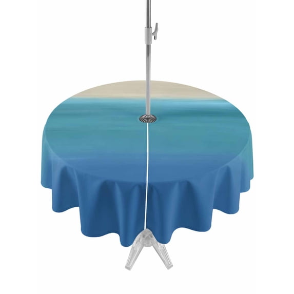 Outdoor Tablecloths with Umbrella Hole & Zipper, Blue Teal Beige Ombre Round Tablecloths 60 Inch, Modern Abstract Art Abstract Waterproof Table Cloth, Patio/Pool/Picnic Table Covers