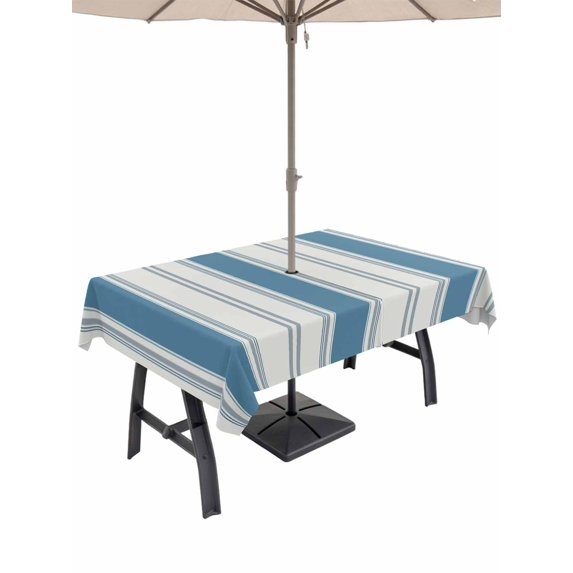Outdoor Tablecloths with Umbrella Hole & Zipper, Blue Teal Striped Rectangle Tablecloth 52x70 Inch, Modern Farmhouse Stripe Waterproof Table Cloth, Patio/Pool/Picnic Table Covers