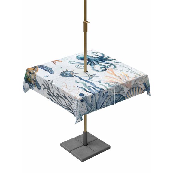 Outdoor Tablecloths with Umbrella Hole & Zipper, Blue Turtle Coastal 54x54 Inch Square Tablecloths, Octopus Summer Beach Coral Starfish Seahorse Waterproof Table Cloth, Patio/Pool Table Covers