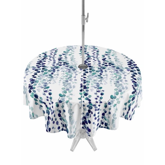 Outdoor Tablecloths with Umbrella Hole & Zipper, Blue Weeping Eucalyptus Round Tablecloth 54 Inch, Spring Summer Farmhouse Leaves Waterproof Table Cloth, Patio/Pool/Picnic Table Covers