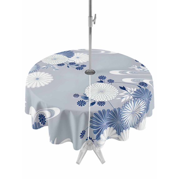 Outdoor Tablecloths with Umbrella Hole & Zipper, Blue White Floral Round Tablecloth 54 Inch, Spring Botanical Leaves Farmhouse Waterproof Table Cloth, Patio/Pool/Picnic Table Covers