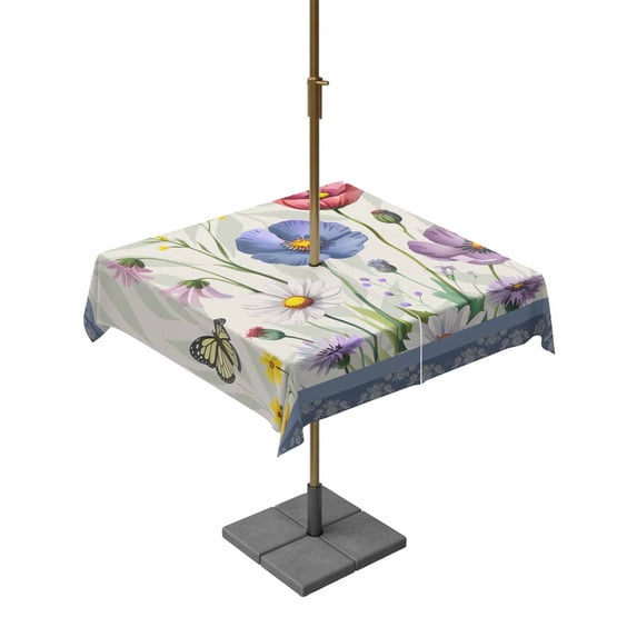 Outdoor Tablecloths with Umbrella Hole & Zipper, Blue Wildflowers 60x60 Inch Square Tablecloths, Farmhouse Country Spring Butterfly Floral Waterproof Table Cloth, Patio/Pool/Picnic Table Covers