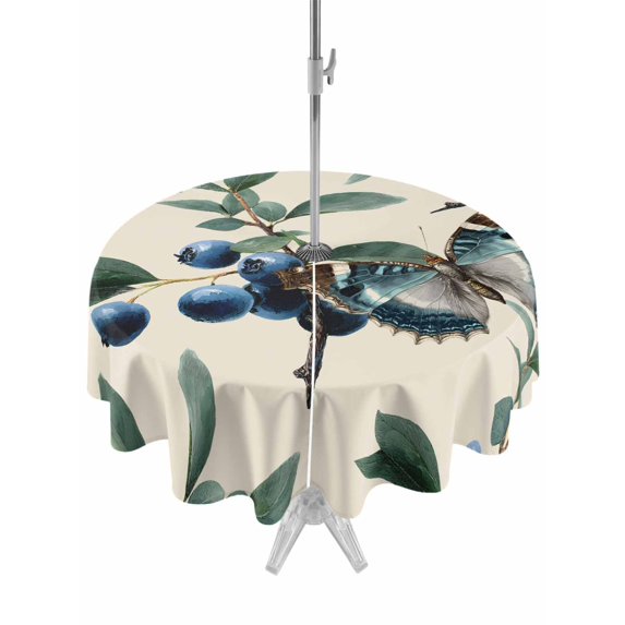 Outdoor Tablecloths with Umbrella Hole & Zipper, Blueberry Spring Leaves Round Tablecloth 54 Inch, Beige Botanical Branches Waterproof Table Cloth, Patio/Pool/Picnic Table Covers