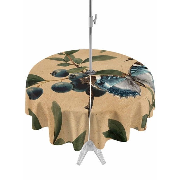 Outdoor Tablecloths with Umbrella Hole & Zipper, Blueberry Spring Leaves Round Tablecloths 60 Inch, Brown Botanical Branches Waterproof Table Cloth, Patio/Pool/Picnic Table Covers