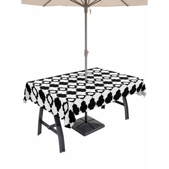 Outdoor Tablecloths with Umbrella Hole & Zipper, Bohemia 60 x102 Inch Rectangle Tablecloths, Retro Abstract Geometric Pattern Boho Black Waterproof Table Cloth, Patio/Pool/Picnic Table Covers