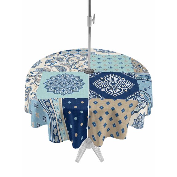 Outdoor Tablecloths with Umbrella Hole & Zipper, Bohemia Floral Round Tablecloth 54 Inch, Retro Mediterranean Texture Patchwork Blue Waterproof Table Cloth, Patio/Pool/Picnic Table Covers