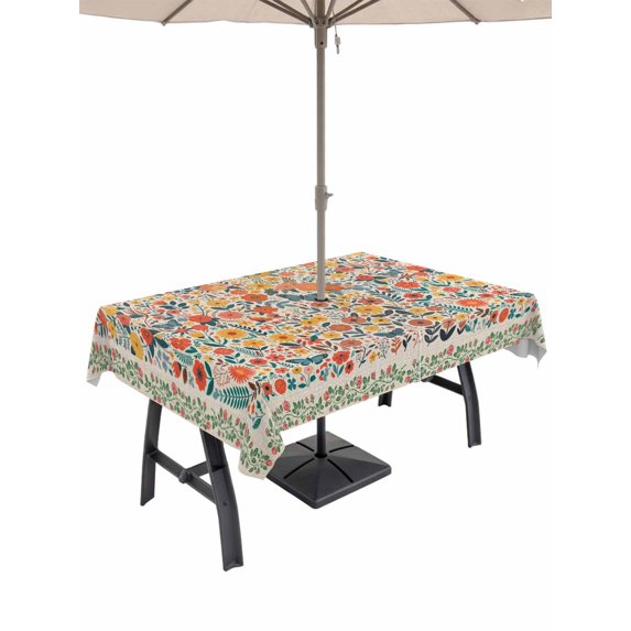Outdoor Tablecloths with Umbrella Hole & Zipper, Boho Beige Flowers Tablecloth Rectangle 60x84 Inch, Spring Abstract Watercolor Floral Leaf Waterproof Table Cloth, Patio/Pool/Picnic Table Covers