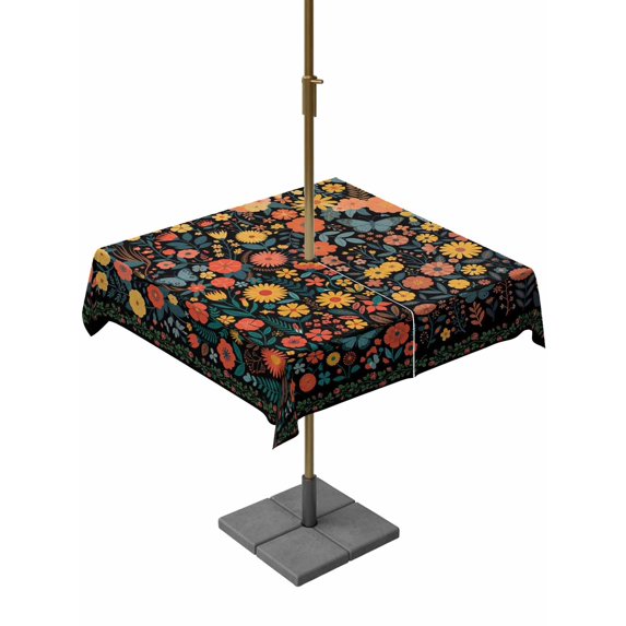 Outdoor Tablecloths with Umbrella Hole & Zipper, Boho Black Flowers 54x54 Inch Square Tablecloths, Spring Abstract Watercolor Floral Leaf Waterproof Table Cloth, Patio/Pool/Picnic Table Covers