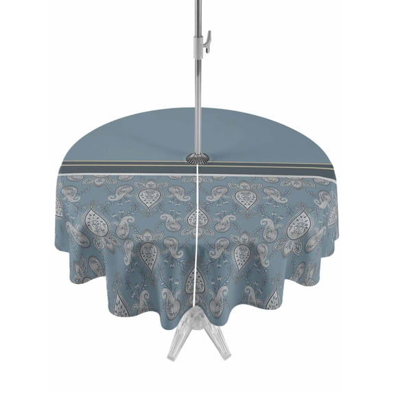 Outdoor Tablecloths with Umbrella Hole & Zipper, Boho Blue Flower Round Tablecloths 60 Inch, Abstract Bohemia Pesley Floral Waterproof Table Cloth, Patio/Pool/Picnic Table Covers