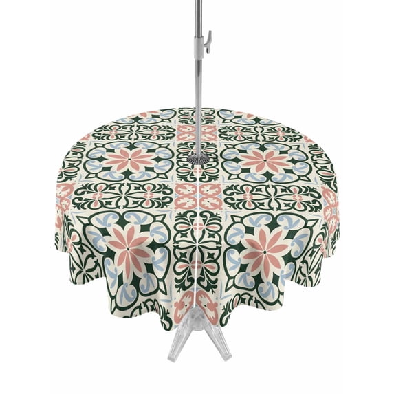 Outdoor Tablecloths with Umbrella Hole & Zipper, Boho Flowers Round Tablecloth 54 Inch, Farmhouse Abstract Geometric Patterned Waterproof Table Cloth, Patio/Pool/Picnic Table Covers