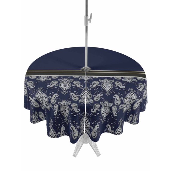 Outdoor Tablecloths with Umbrella Hole & Zipper, Boho Navy Blue Flower Round Tablecloths 60 Inch, Abstract Bohemia Pesley Floral Waterproof Table Cloth, Patio/Pool/Picnic Table Covers