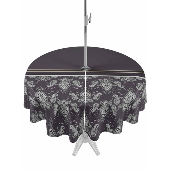 Outdoor Tablecloths with Umbrella Hole & Zipper, Boho Purple Flower Round Tablecloths 60 Inch, Abstract Bohemia Pesley Floral Waterproof Table Cloth, Patio/Pool/Picnic Table Covers