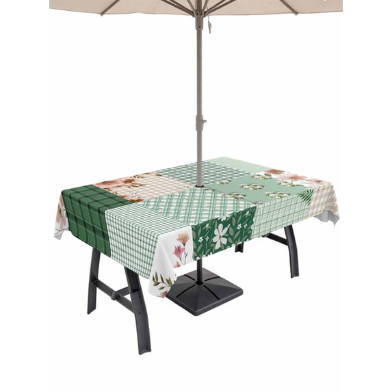 Outdoor Tablecloths with Umbrella Hole & Zipper, Boho Spring Floral Rectangle Tablecloth 52x70 Inch, Retro Flowers Plants Patchwork Grid Green Waterproof Table Cloth, Patio/Pool/Picnic Table Covers