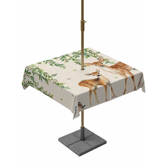 Outdoor Tablecloths with Umbrella Hole & Zipper, Botanical 60x60 Inch Square Tablecloths, Spring Leaves Flowers Deers Birds Country Biege Waterproof Table Cloth, Patio/Pool/Picnic Table Covers