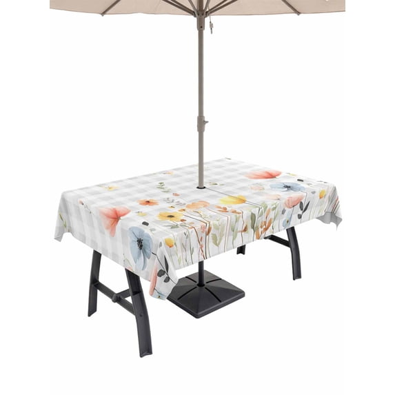 Outdoor Tablecloths with Umbrella Hole & Zipper, Botanical Wildflowers 54x80 Inch Tablecloth Rectangle, Spring Farmhouse Floral Grey Plaid Waterproof Table Cloth, Patio/Pool/Picnic Table Covers