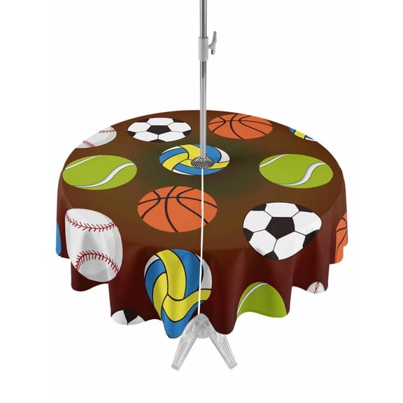 Outdoor Tablecloths with Umbrella Hole & Zipper, Brown Balls Round Tablecloth 54 Inch, Baseball Tennis Basketball Football Waterproof Table Cloth, Patio/Pool/Picnic Table Covers