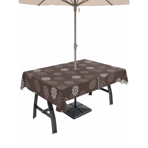 Outdoor Tablecloths with Umbrella Hole & Zipper, Brown Daisy Tablecloth Rectangle 60x84 Inch, Modern Farmhouse Chrysanthemum Floral Waterproof Table Cloth, Patio/Pool/Picnic Table Covers