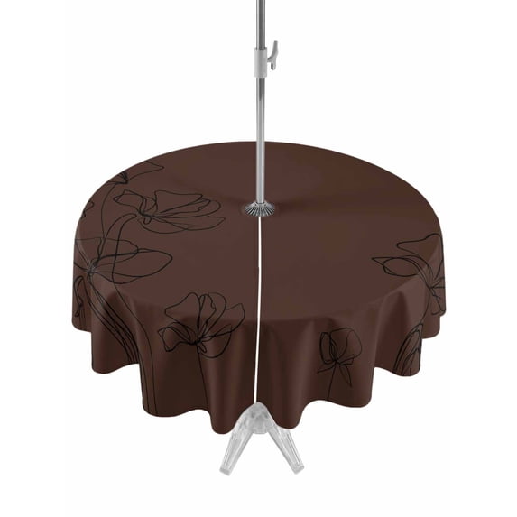 Outdoor Tablecloths with Umbrella Hole & Zipper, Brown Flowers Round Tablecloths 60 Inch, Japanese Abstract Floral Plants Simple Art Waterproof Table Cloth, Patio/Pool/Picnic Table Covers