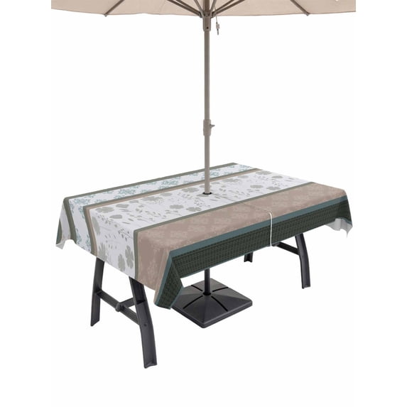 Outdoor Tablecloths with Umbrella Hole & Zipper, Brown Geometric Rectangle Tablecloth 52x70 Inch, Stripes Boho Spring Flowers Pastoral Country Waterproof Table Cloth, Patio/Pool/Picnic Table Covers