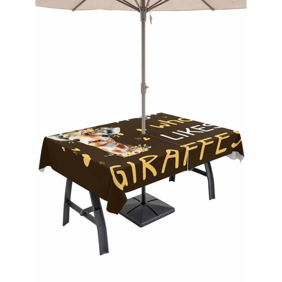 Outdoor Tablecloths with Umbrella Hole & Zipper, Brown Giraffe Rectangle Tablecloth 60x120 Inch, Love Heart Spring Floral Botanical Waterproof Table Cloth, Patio/Pool/Picnic Table Covers