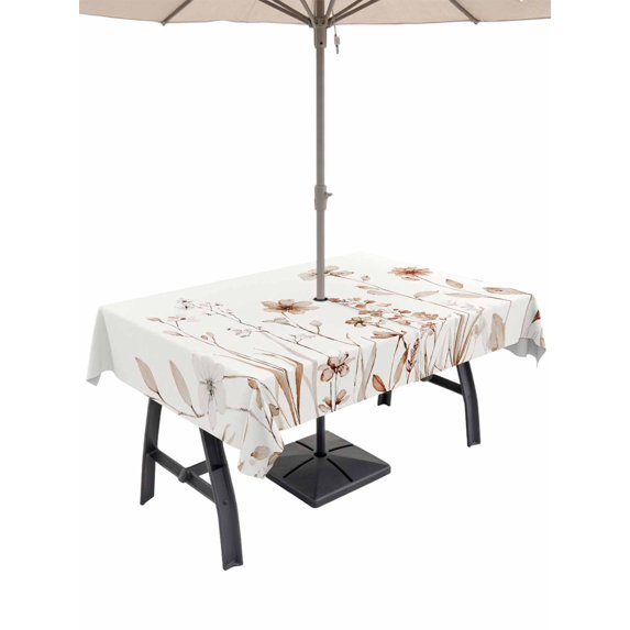 Outdoor Tablecloths with Umbrella Hole & Zipper, Brown Red Spring Floral Rectangle Tablecloth 52x70 Inch, Botanical Summer Flowers Elegant Waterproof Table Cloth, Patio/Pool/Picnic Table Covers