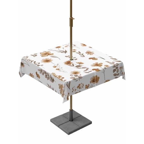 Outdoor Tablecloths with Umbrella Hole & Zipper, Brown Spring Floral 60x60 Inch Square Tablecloths, Flowers Leaves Elegant Pastoral Waterproof Table Cloth, Patio/Pool/Picnic Table Covers