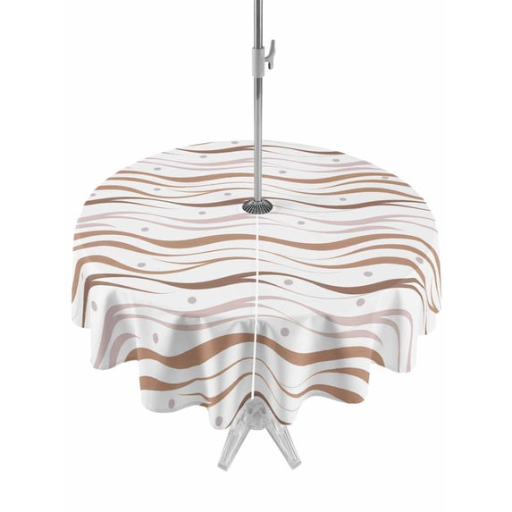 Outdoor Tablecloths with Umbrella Hole & Zipper, Brown Stripes Round Tablecloths 60 Inch, Minimalism Ombre Waves Abstract Textures Waterproof Table Cloth, Patio/Pool/Picnic Table Covers